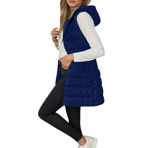 larppty Long Puffer Vest for Women with Hood Lightweight Sleeveless Down Vest for Spring, Fall & Winter (Blue, M)