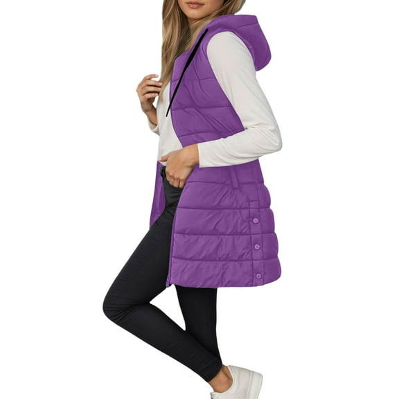 larppty Long Puffer Vest for Women with Hood Lightweight Sleeveless Down Vest for Spring, Fall & Winter (Purple, XXL)