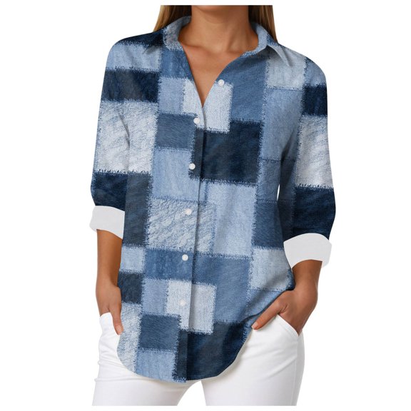 larppty Long Sleeve Blouse for Women 2025 Button Up V Neck Dressy Casual Loose Work Blouses Shirts (Blue, 5XL)