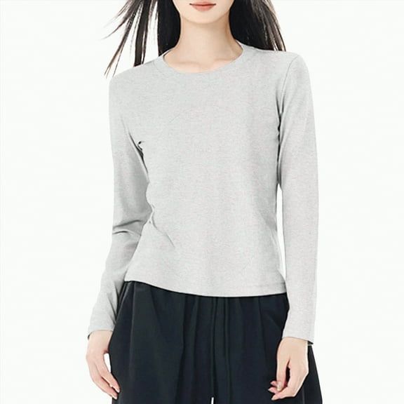 larppty Long Sleeve Cotton Shirts for Women Solid Color Casual Basic Crewneck Tee 2025 Fall Slim Fit Going Out Tops (Light Gray, XL)