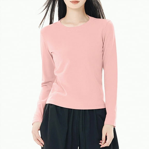 larppty Long Sleeve Cotton Shirts for Women Solid Color Casual Basic Crewneck Tee 2025 Fall Slim Fit Going Out Tops (Pink, S)