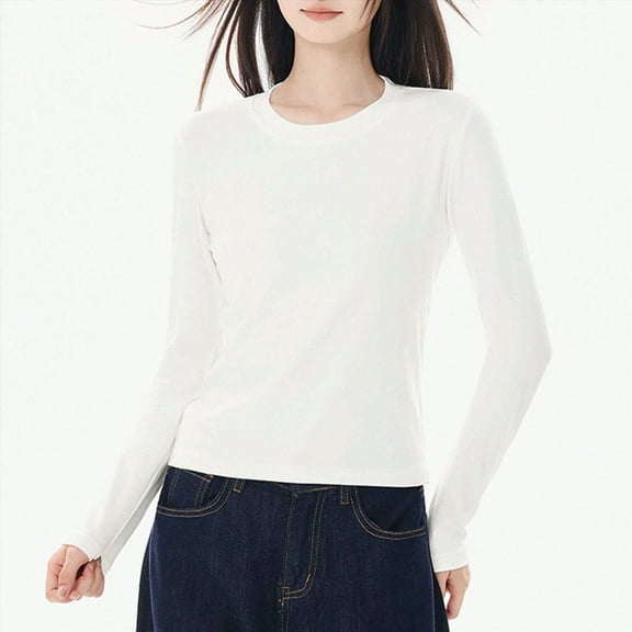 larppty Long Sleeve Cotton Shirts for Women Solid Color Casual Basic Crewneck Tee 2025 Fall Slim Fit Going Out Tops (White, L)