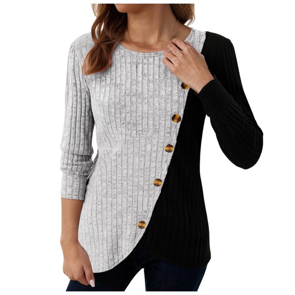 larppty Long Sleeve Shirts for Women Crew Neck Lightweight Sweater Loose Fall Winter Casual Ribbed Colorblock Button Knit Tunic Tops (Light Gray, XXL)