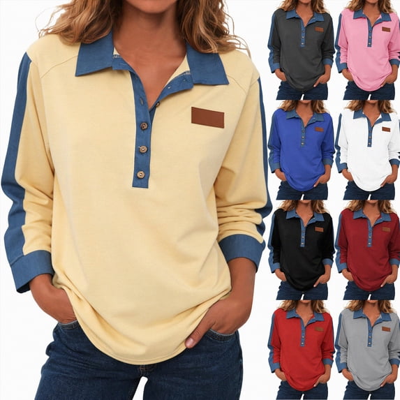 larppty Long Sleeve Shirts for Women Button Up Denim Collared Patchwork Pullover Tops Vintage Sweatshirt Casual Blouses (Light Gray, S)