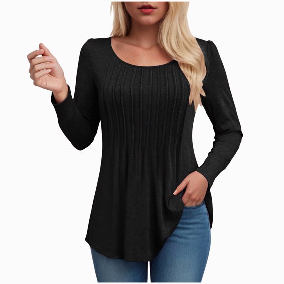 larppty Long Sleeve Shirts for Women Fall Tops Dressy Casual Blouses Pleated Scooped Neck Tunic Tops (Black, M)