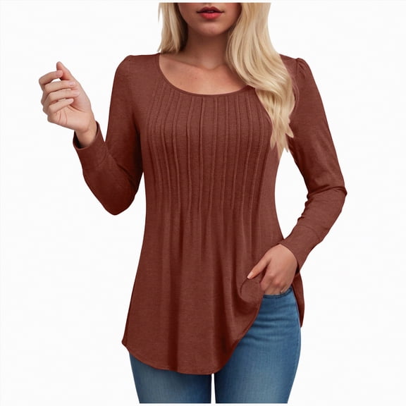 larppty Long Sleeve Shirts for Women Fall Tops Dressy Casual Blouses Pleated Scooped Neck Tunic Tops (Coffee, M)