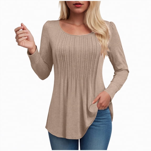 larppty Long Sleeve Shirts for Women Fall Tops Dressy Casual Blouses Pleated Scooped Neck Tunic Tops (Khaki, M)