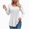thumbnail image 1 of larppty Long Sleeve Shirts for Women Fall Tops Dressy Casual Blouses Pleated Scooped Neck Tunic Tops (White, L), 1 of 5