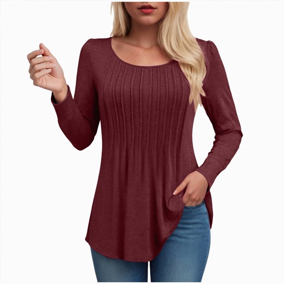 larppty Long Sleeve Shirts for Women Fall Tops Dressy Casual Blouses Pleated Scooped Neck Tunic Tops (Wine, M)