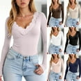 thumbnail image 1 of larppty Long Sleeve Shirts for Women Lace V Neck Ribbed Fitted T-Shirt Dressy Business Casual Blouses 2025 Trendy Fall Tops（Beige，L）, 1 of 7