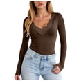 thumbnail image 1 of larppty Long Sleeve Shirts for Women Lace V Neck Ribbed Fitted T-Shirt Dressy Business Casual Blouses 2025 Trendy Fall Tops（Brown，M）, 1 of 7