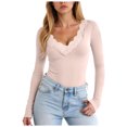 thumbnail image 1 of larppty Long Sleeve Shirts for Women Lace V Neck Ribbed Fitted T-Shirt Dressy Business Casual Blouses 2025 Trendy Fall Tops（Pink，S）, 1 of 7