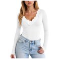 thumbnail image 1 of larppty Long Sleeve Shirts for Women Lace V Neck Ribbed Fitted T-Shirt Dressy Business Casual Blouses 2025 Trendy Fall Tops（White，L）, 1 of 7