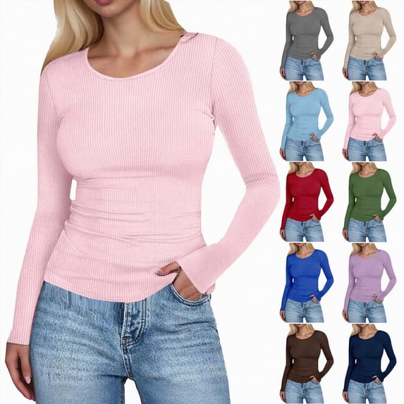 larppty Long Sleeve Shirts for Women Ribbed Crew Neck Tops 2025 Fall Basic Tees Fitted Tunic Undershirts Clothes (Light Blue, XL)