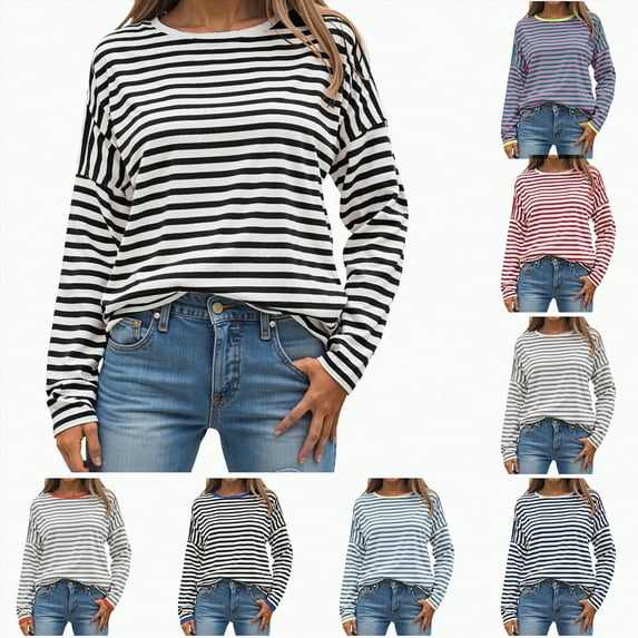 larppty Long Sleeve Shirts for Women Striped Crewneck Loose Fit Tunic Tops Fashion Color Block T-Shirt (Black, XL)