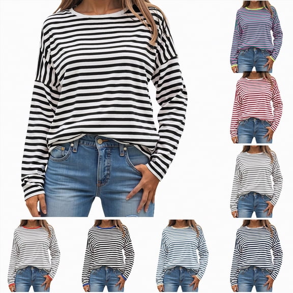 larppty Long Sleeve Shirts for Women Striped Crewneck Loose Fit Tunic Tops Fashion Color Block T-Shirt (Black, XXL)
