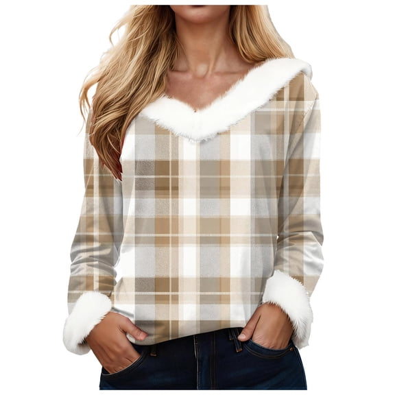 larppty Long Sleeve Shirts for Women V Neck Fur Trim Fall Tops Basic Tunic Tops Loose Fit Dressy 2025 Fashion (White, XL)