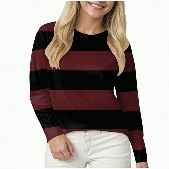 larppty Long Sleeve Tops for Women Lightweight Striped Shirts Fall Outfits 2025 Color Block Fashion Clothing Crewneck Tee Blouses (Brick Red, M)