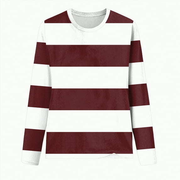larppty Long Sleeve Tops for Women Lightweight Striped Shirts Fall Outfits 2025 Color Block Fashion Clothing Crewneck Tee Blouses (Wine, S)