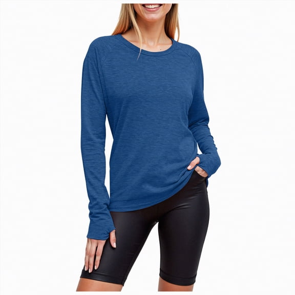 larppty Long Sleeve Training Top with Thumbholes, Comfortable Yoga Gym Quick-dry Pullover Top (Blue, M)