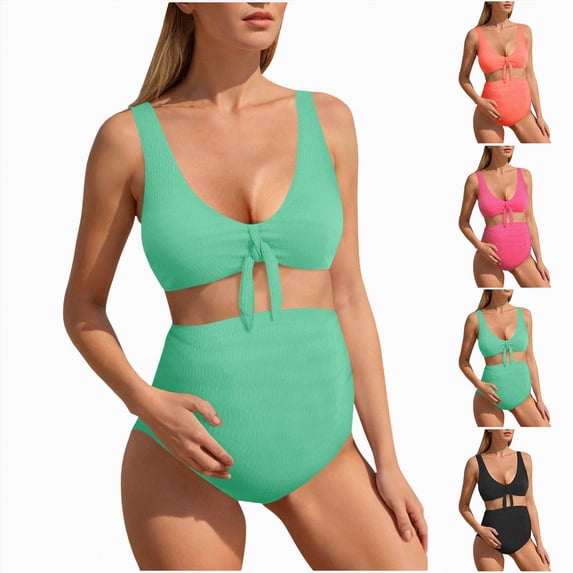 larppty Maternity Bikini Swimsuit for Women High Waisted Two-Piece Bathing Suit Pregnancy Swimwear (Black, L)