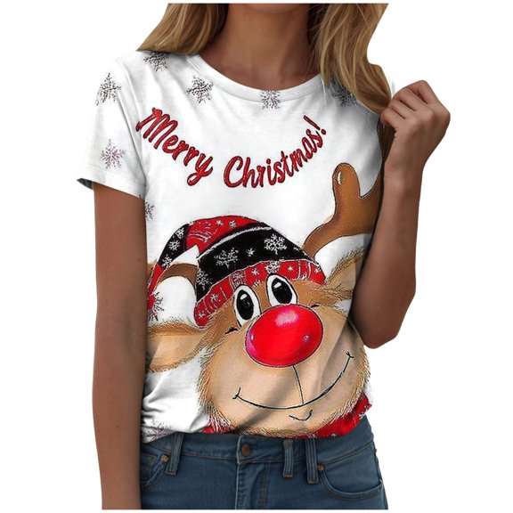 larppty Merry Christmas Shirts for Women Funny T-Shirts Crew Neck Short Sleeve Multiple Graphic Tee Tops (Khaki, M)