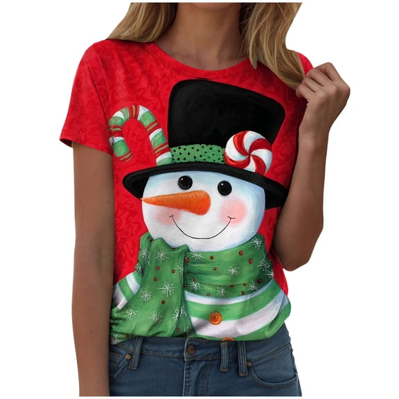 larppty Merry Christmas Shirts for Women Funny T-Shirts Crew Neck Short Sleeve Multiple Graphic Tee Tops (Red, L)