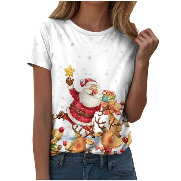 larppty Merry Christmas Shirts for Women Funny T-Shirts Crew Neck Short Sleeve Multiple Graphic Tee Tops (White, XL)