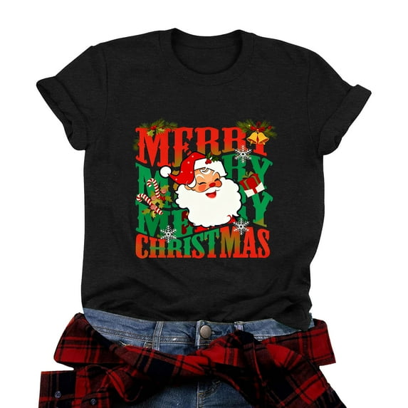 larppty Merry Christmas Shirts for Women Xmas Santa Shirt Short Sleeve Casual Graphic Print T Shirt (Black, XXL)