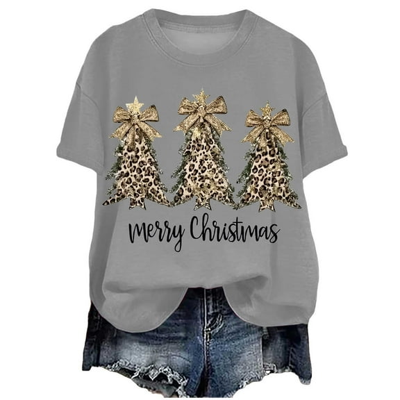 larppty Merry Christmas Shirts for Women Xmas Tree Shirt Top Short Sleeve Casual Graphic Print T Shirt (Grey, S)