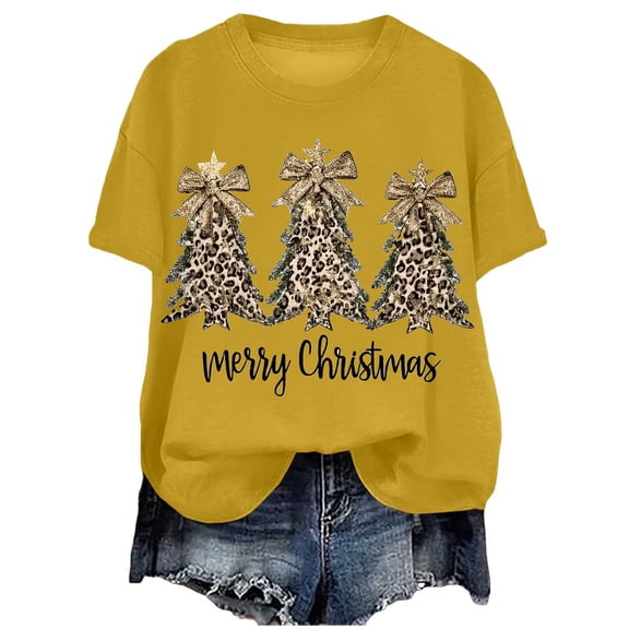 larppty Merry Christmas Shirts for Women Xmas Tree Shirt Top Short Sleeve Casual Graphic Print T Shirt (Yellow, S)