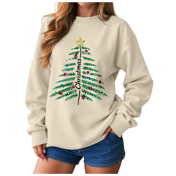 larppty Merry Christmas Sweatshirt for Women Holiday Long Sleeve Tree Pullover Lightweight Party Gift Pullover Shirt (Beige, 3XL)