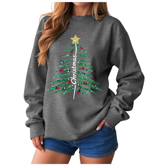 larppty Merry Christmas Sweatshirt for Women Holiday Long Sleeve Tree Pullover Lightweight Party Gift Pullover Shirt (Dark Gray, L)