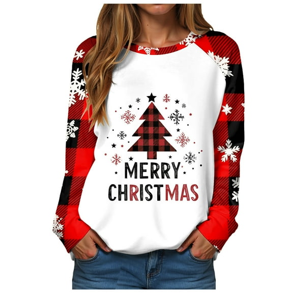 larppty Merry Christmas Sweatshirts for Women Xmas Plaid Tree Tops Christmas Plaid Shirt Long Sleeve Tee Tops (Red, XXL)