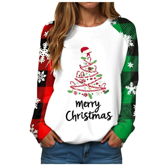 larppty Merry Christmas Sweatshirts for Women Xmas Plaid Tree Tops Christmas Plaid Shirt Long Sleeve Tee Tops (White, XXL)