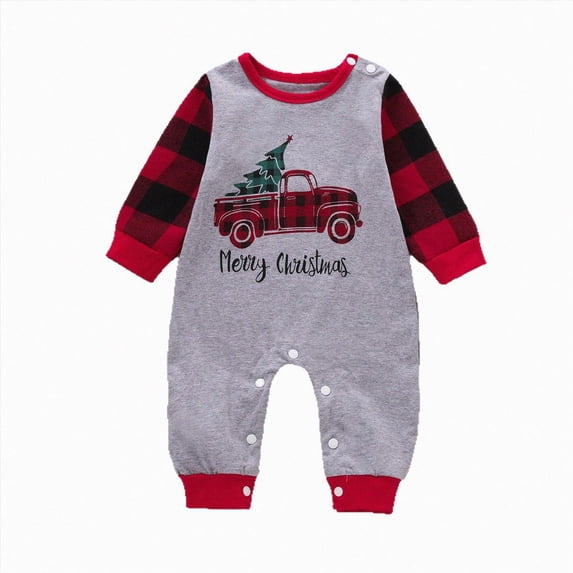 larppty My 1st Christmas Baby Boy Outfit Merry Christmas Romper Plaid Sleeve Jumpsuit Infant One-piece Clothes