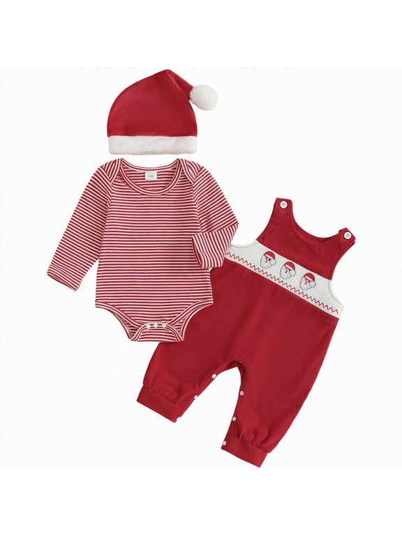 My First Christmas Baby Boy Outfit Newborn Infant Striped Long Sleeve Romper Suspender Overalls Pants Hat 3Pcs Set