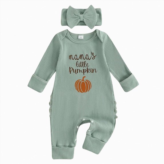 larppty My First Halloween Baby Girl Outfit Mamas Little Pumpkin Long Sleeve Romper Jumpsuit Newborn Girl Outfits Clothes (Green,3-6 Months)
