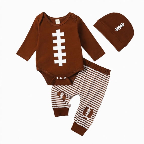 larppty Newborn Baby Boy Football Outfit Long Sleeve Rugby Football Romper Pants Set Hat 3Pcs Infant Fall Clothes