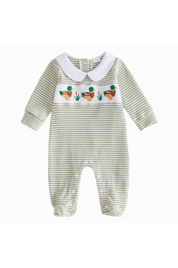 Newborn Baby Boy Footie Romper Waffle Knit Outfit Fall Jumpsuit | Duck/Football Embroidery, Collared, Long Sleeve Jumpsuit Baby Boy Footed One Piece Clothes