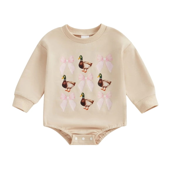 larppty Newborn Baby Boy Girl Hunting Clothes Mallard Duck Bow Sweatshirt Romper Long Sleeve Bubble Romper Bodysuit Outfit(Beige, 3-6 Months)