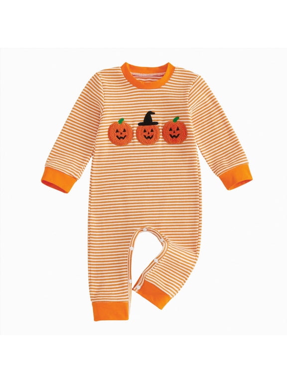 Newborn Baby Boy Halloween Outfit Ghost Pumpkin Jumpsuit Romper | Embroidery Long Sleeve Crew Neck Onesie 3 6 12 18 Months Clothes (Orange)