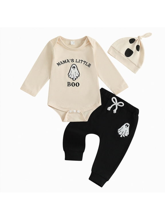 Newborn Baby Boy Halloween Outfit Mama's Little Boo Romper Ghost Embroidery Long Pants Hat 3Pcs Clothes Set