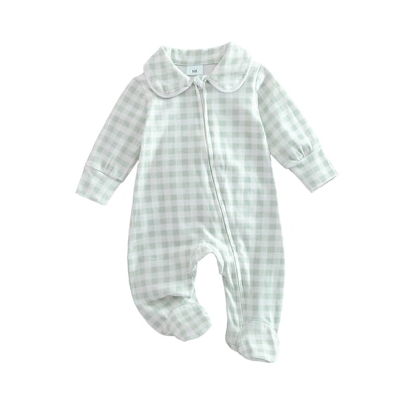 larppty Newborn Baby Boy Outfit Gingham Footed Jumpsuit with Zipper