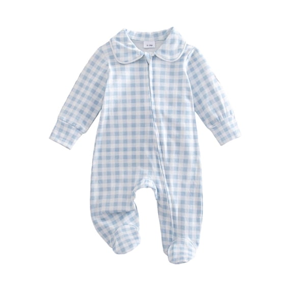 larppty Newborn Baby Boy Outfit Gingham Footed Jumpsuit with Zipper