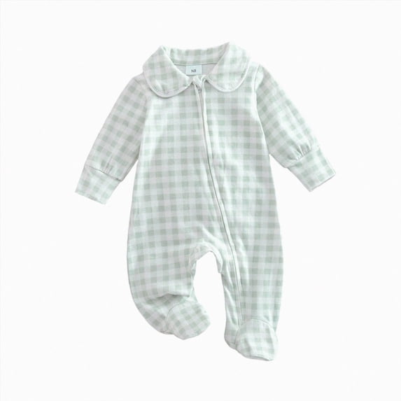 larppty Newborn Baby Boy Outfit Gingham Footed Jumpsuit with Zipper