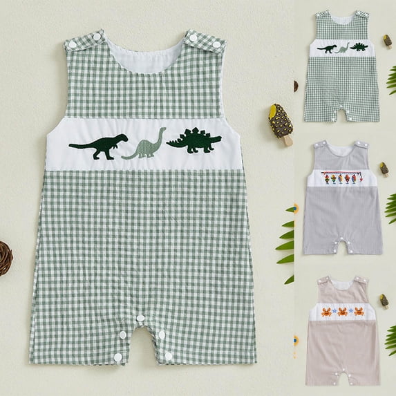 larppty Newborn Baby Boys Sleeveless Seersucker Romper One Piece Straps Overalls Striped Jumpsuit Summer Smocked Clothes(Green, 0-3 Months)