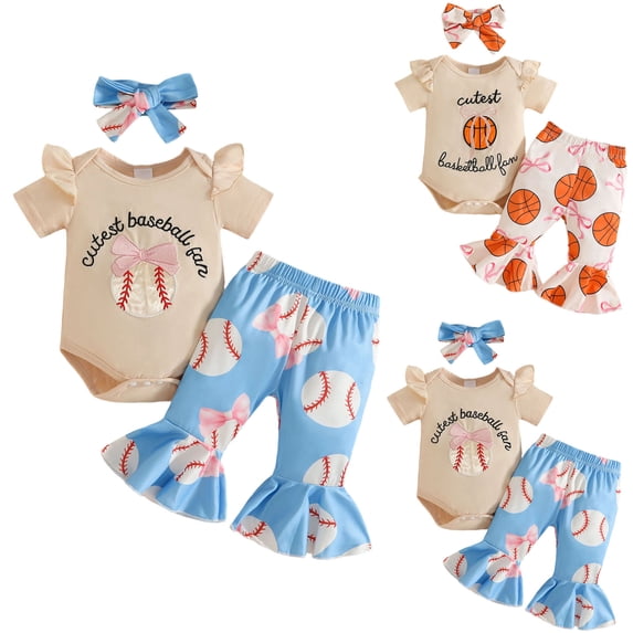 larppty Newborn Baby Girl Basketball Outfit Cutest Basketball Fan Bow Romper Flare Pants Set 3Pcs Infant Summer Clothes(Beige, 3-6 Months)