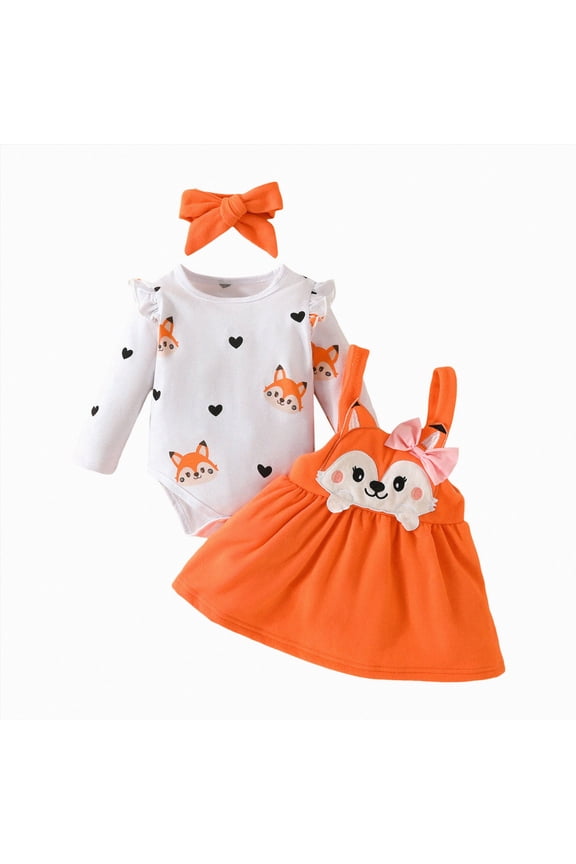 Newborn Baby Girl Clothes Long Sleeve Ruffle Romper + Fox Print Overall Skirt + Headband Infant Fall Winter Outfits(12-18 Months,Orange)