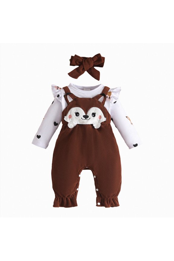 Newborn Baby Girl Clothes Long Sleeve Ruffle Romper + Fox Print Overall Skirt + Headband Infant Fall Winter Outfits(Brown)